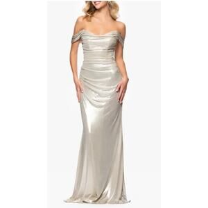 Betsy & Adam Silver Off-Shoulder Midi Dress